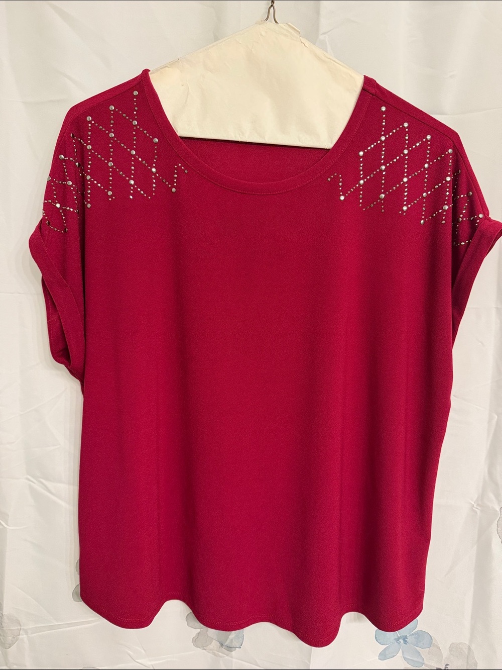 Women’s Raspberry Short Sleeve Top with Shoulder Stud Accents